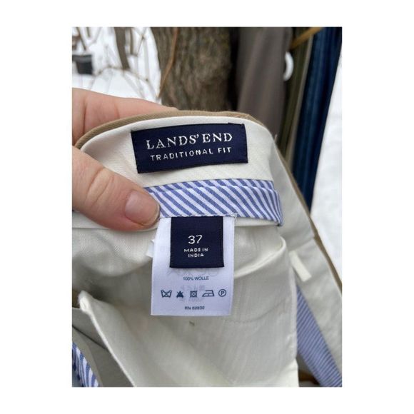 Lands' End Traditional Fit Trousers Flat Front Tan 100% Cotton Cuffed Sz 37 - Picture 4 of 6